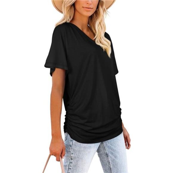 Womens Short Sleeve V Neck Dolman Tops with Side Shirring Loose Fit Shirt - Picture 3 of 6